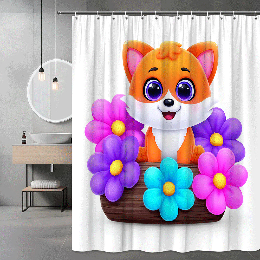 Fox Cub and Flowers Shower Curtain Cute Cartoon Print