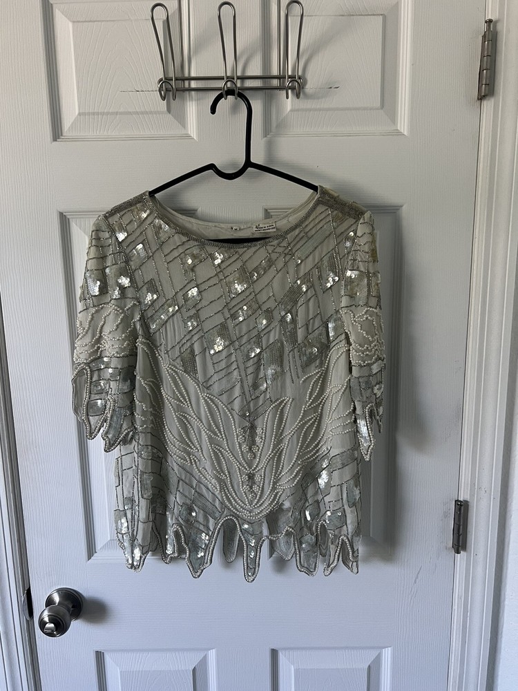 Vtg Swee Lo Women’s 100% Silk Size Medium Blouse Top Sequin Ivory Flapper Gatsby