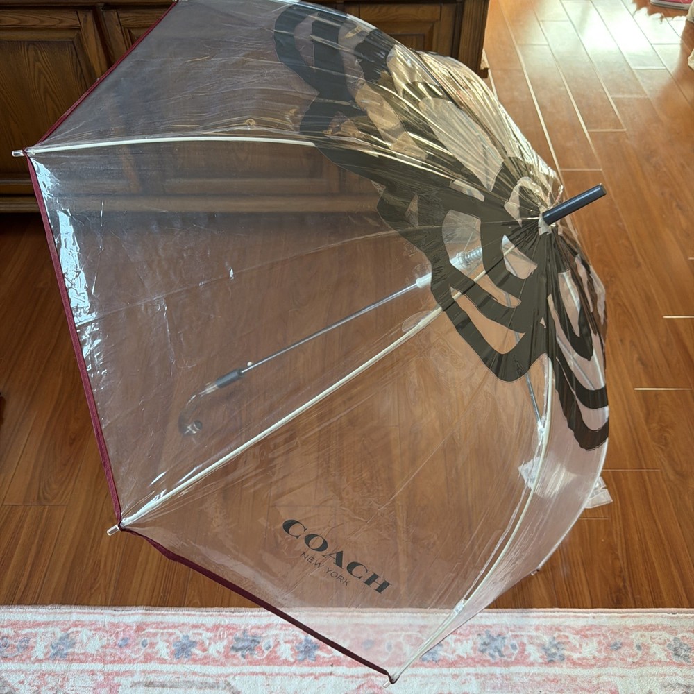 COACH BUBBLE Umbrella Clear-Black-Burgundy With Tag