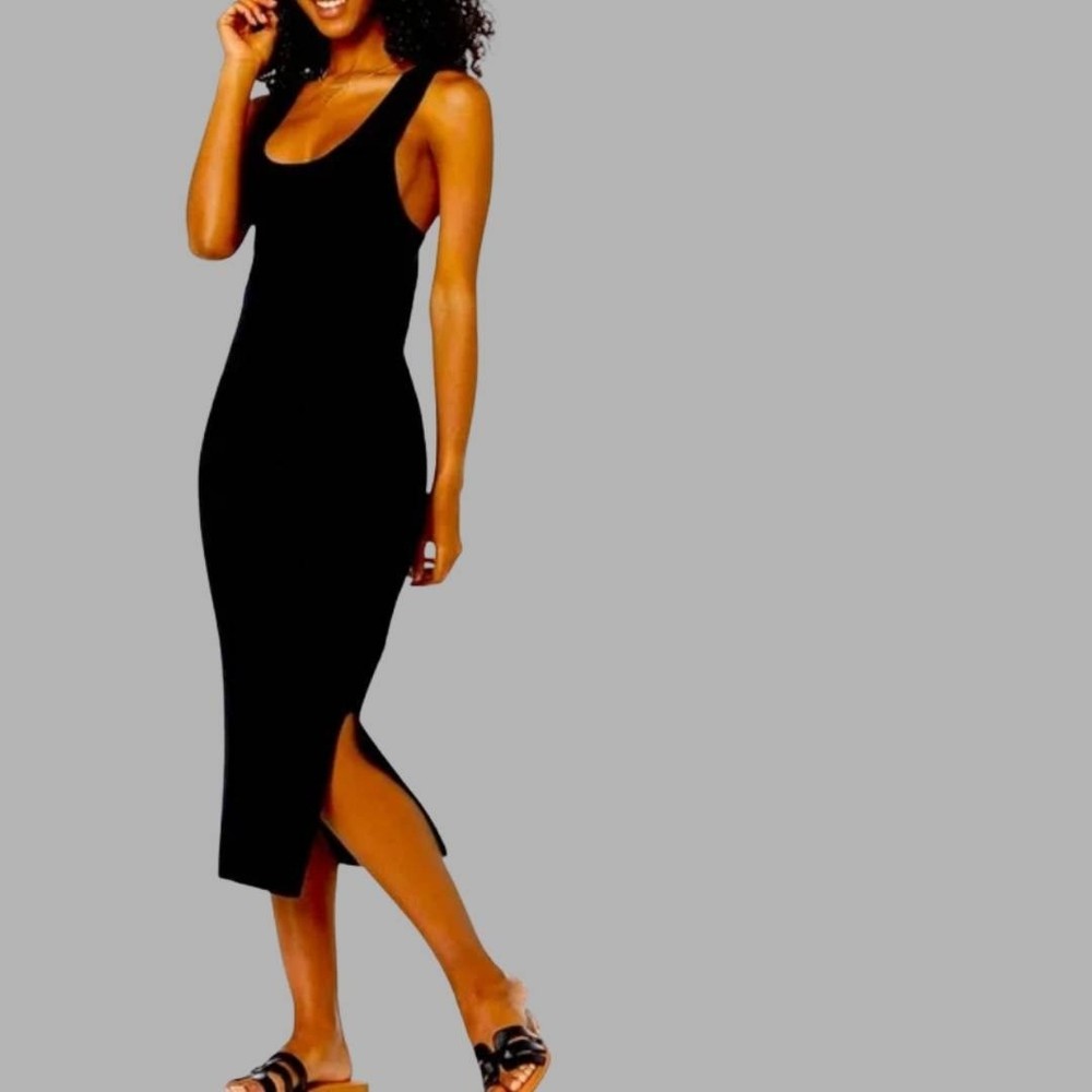 The Drop Black Ribbed Knit Sleeveless Midi Tank Dress Women's Size M