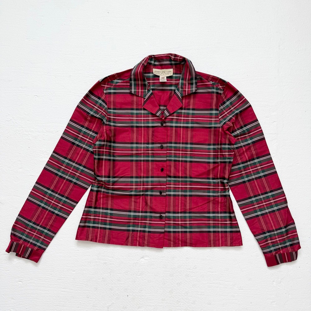 Vintage Jones New York Red Green Plaid Silk Blouse Size 10