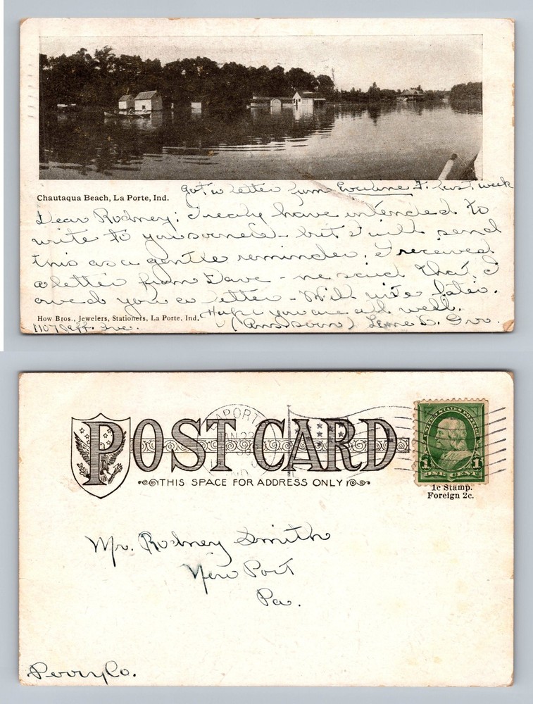 La Porte, IN-Indiana, Chautauqua Beach Lake Scene Old Card Vintage Postcard