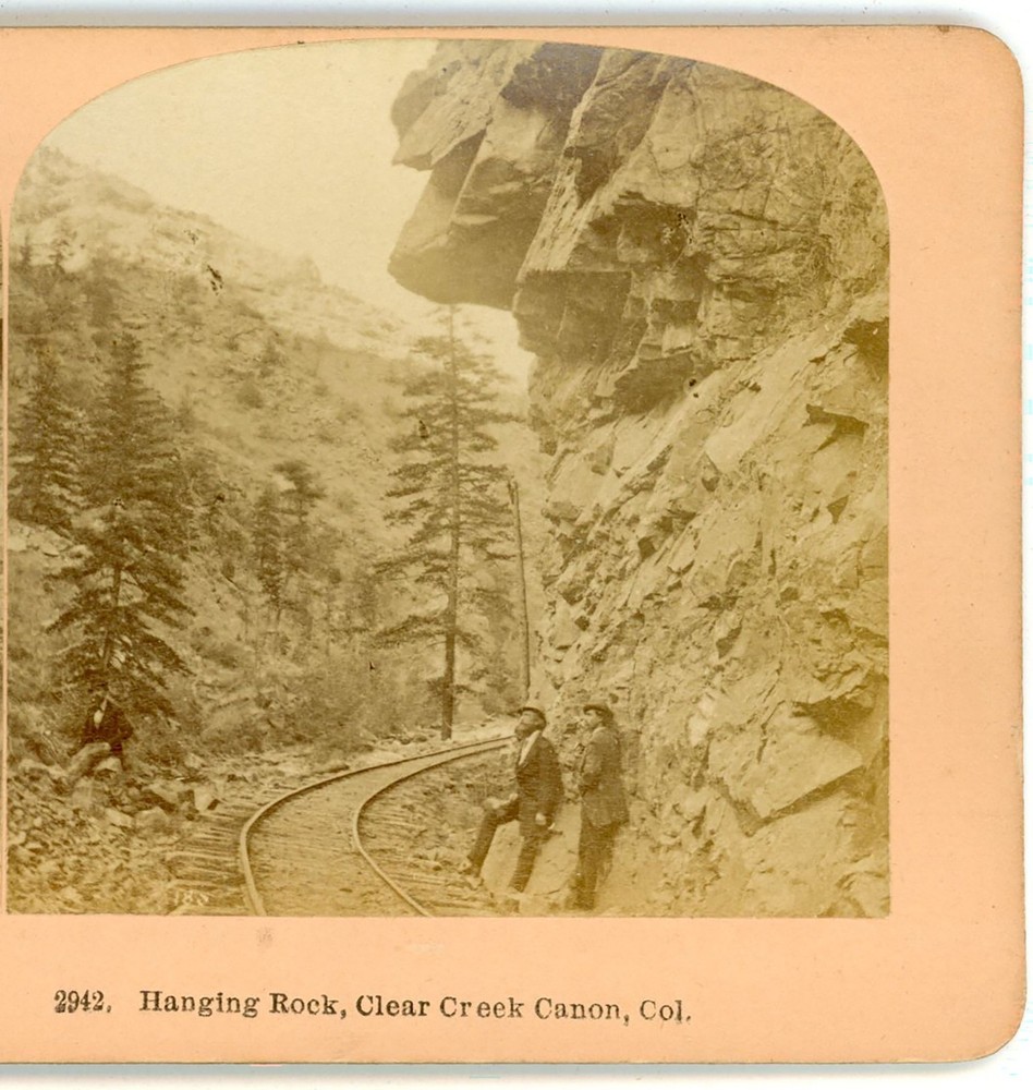 Men below Hanging Rock Clear Creek Railroad CO Kilburn Stereoview