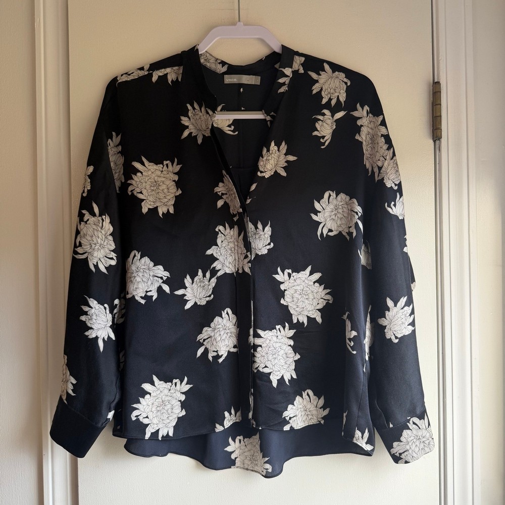 Vince Black Floral Print Silk Long Sleeve V Neck Blouse Top Size S