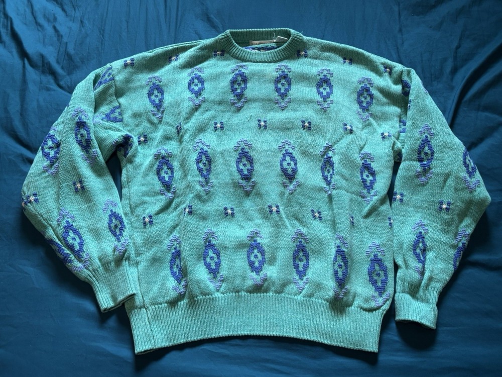 Vintage Claiborne Sweater Mens XL Teal Aqua Aztec Geometric Heavyweight Knit 80s