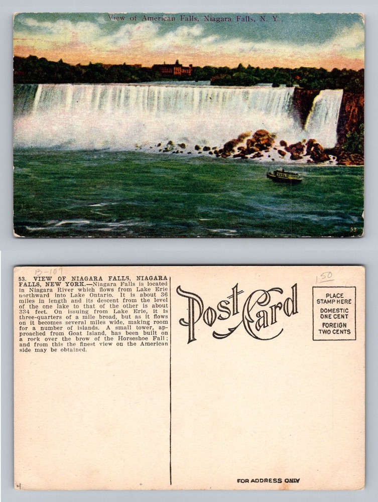 Niagara Falls NY-New York American Falls Boat River Scenic View Vintage Postcard