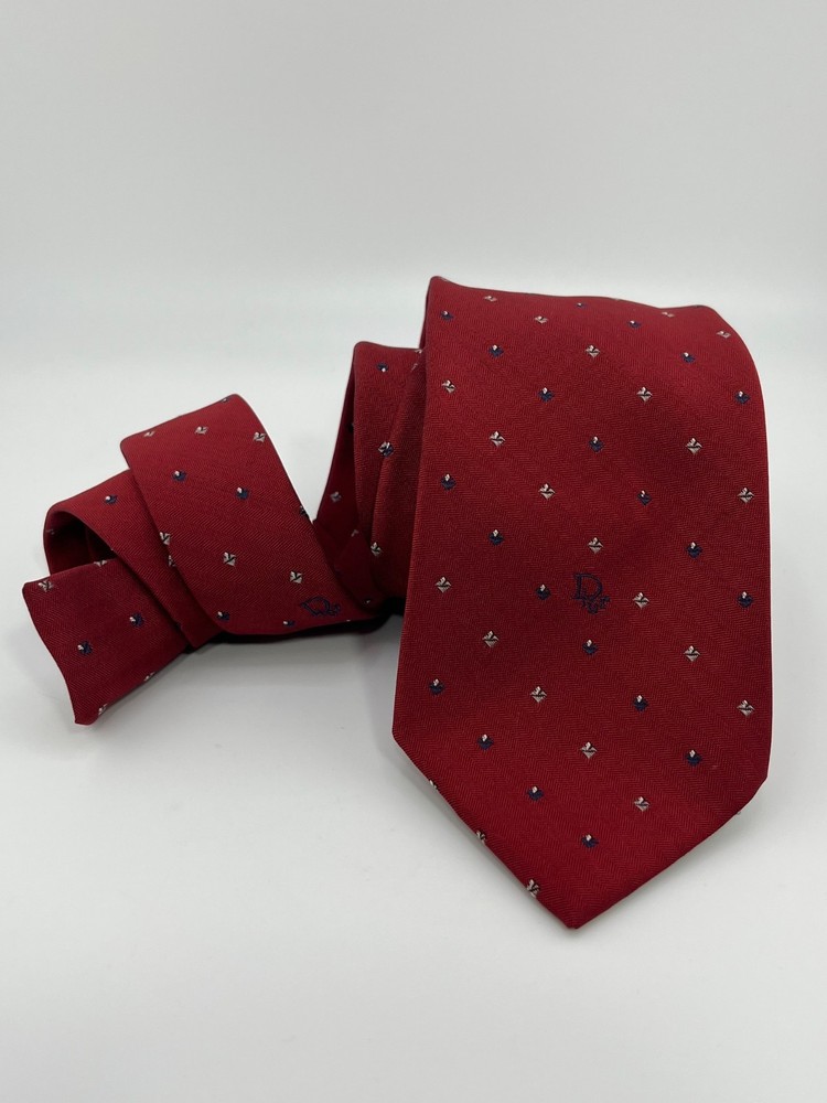 Christian Dior Red Silk Tie Vintage Logo Pattern Designer Necktie