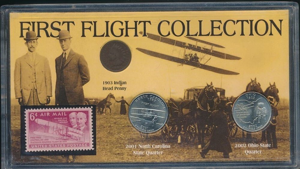 USA: First Flight 1903 Indian Head Cent, 2 x State Quarters & Stamp Collection