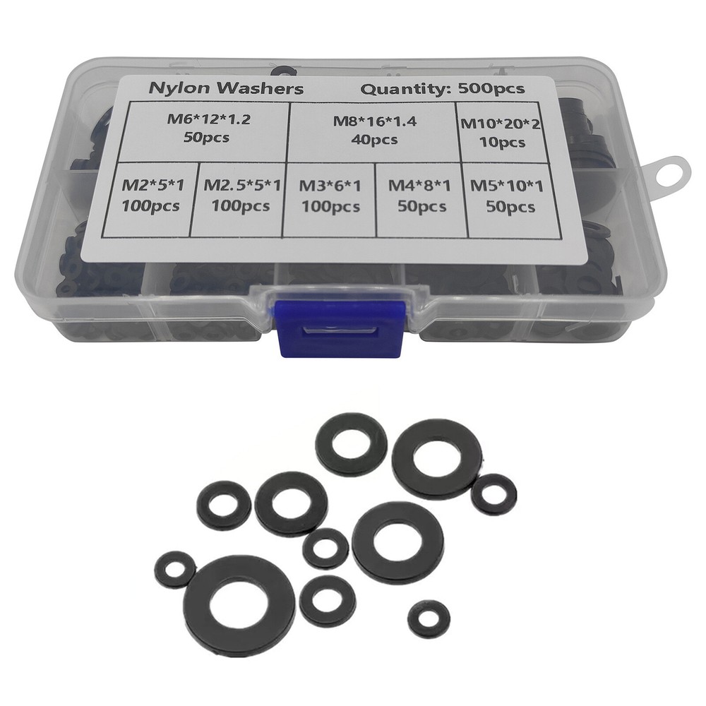 500PCS 8 Sizes M2-M10 Black Nylon Washer Flat Assortment Set Accessories