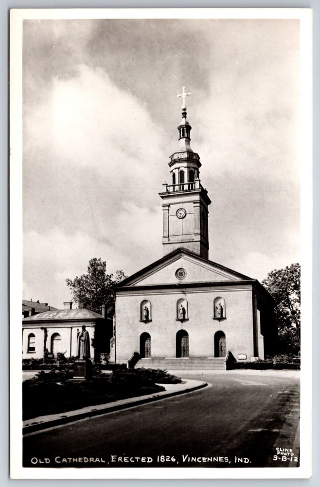 RPPC~Vincennes Indiana~Old Cathedral Church Bldg Street View~Real Photo Postcard