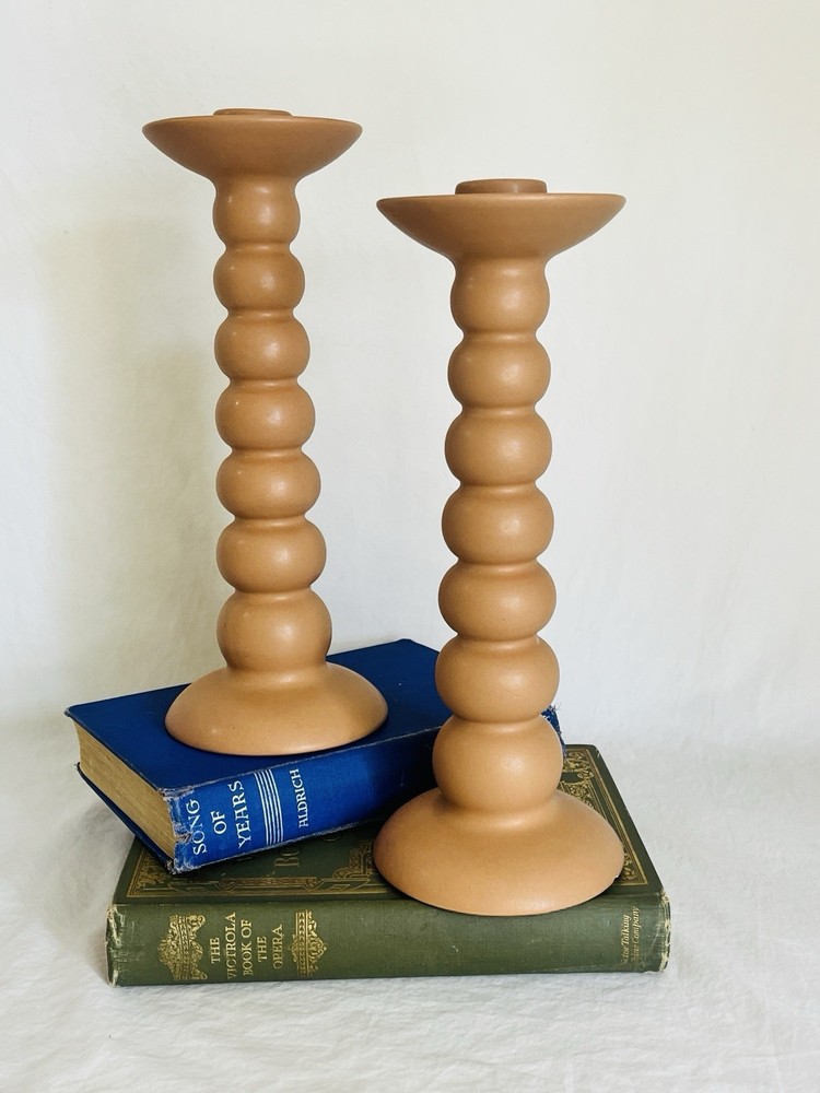 Vintage Ceramic Candlesticks Bobbin-Style Matte Light Terracotta Set of Two