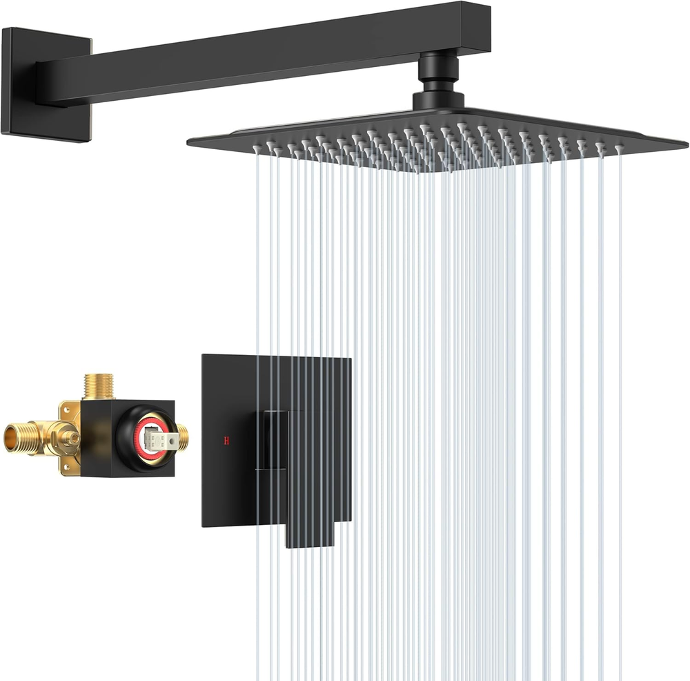 Matte Black Shower Faucet Set with Valve, 8 Inch Square Shower Head and Handle S