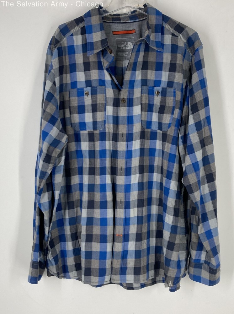 The North Face Mens Blue Gray Plaid Cotton Blend Flannel Button-Up Shirt Sz 2XL