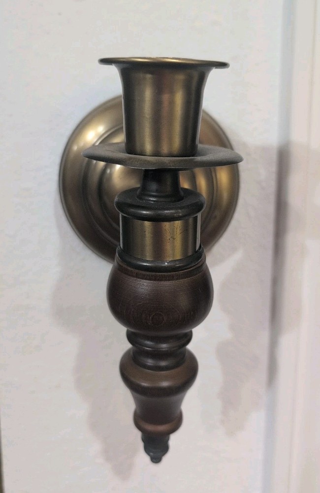 Vintage MCM Wood And Brass Wall Candle Holder Sconce  8.5