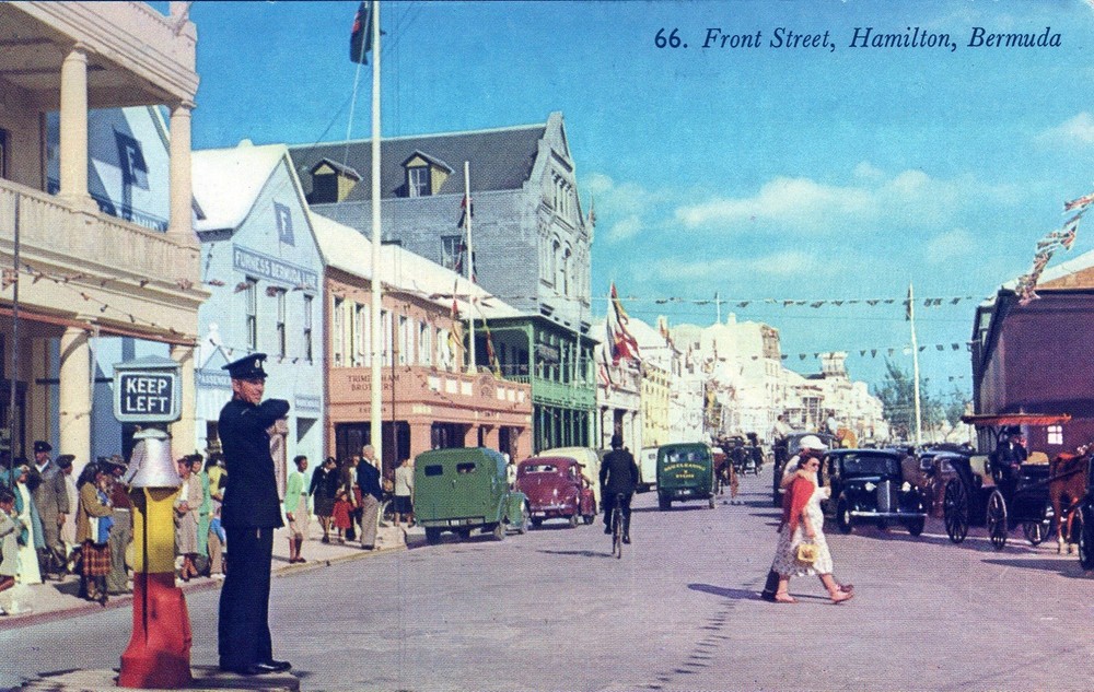 Front St Hamilton, Bermuda 1950’s Postcard. Traffic Policeman