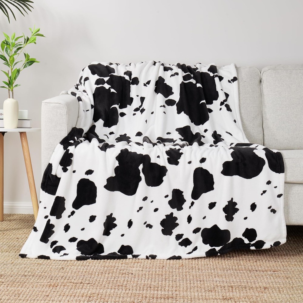 Cow Print Throw Blanket Non Shedding MilkyPlush™ Fleece 330GSM Thick Blankets...