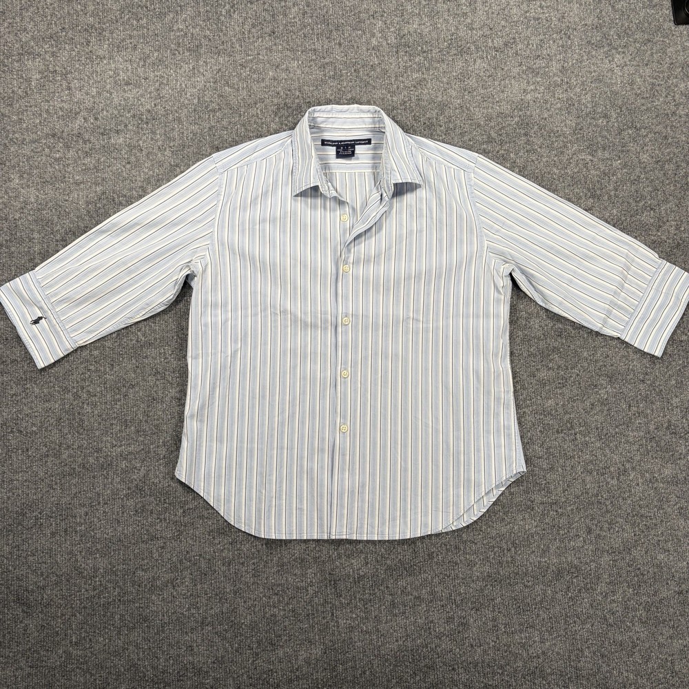 Ralph Lauren Sport Button Up Shirt Women L Light Blue Stripe 3/4 Sleeve Coastal