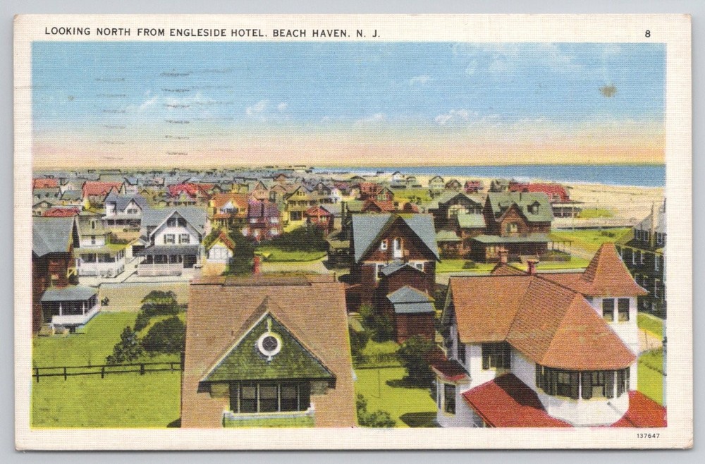 Vintage 1943 Beach Haven NJ Engleside Hotel Aerial View Linen Postcard