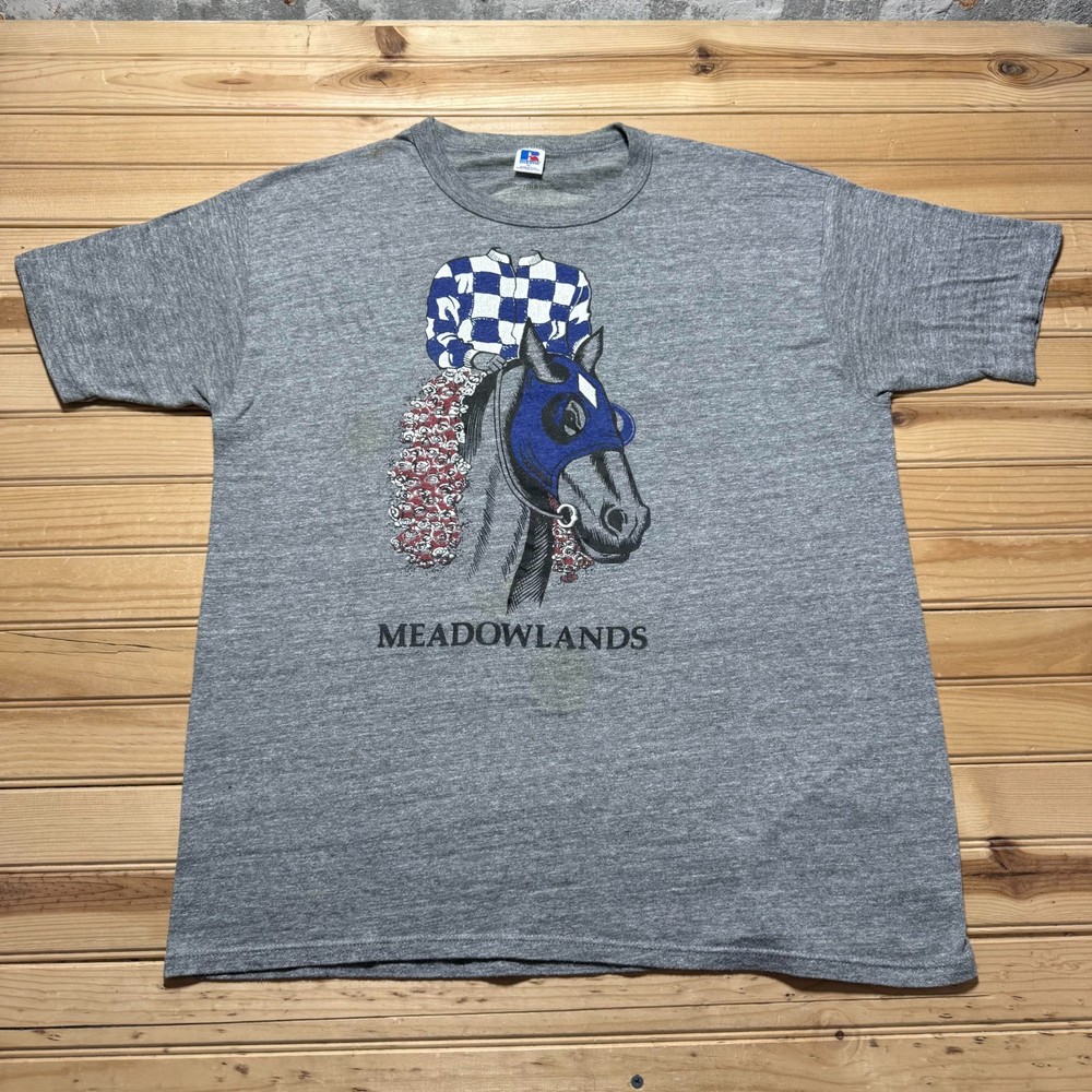 Vintage 80s Meadowlands Horse Racing Jockey Double Sided T-Shirt USA Made - XL
