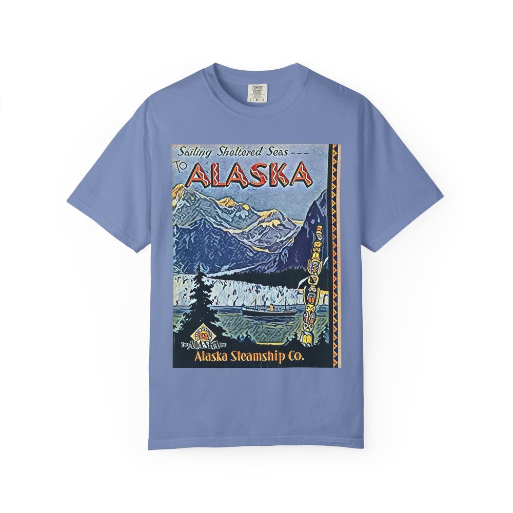 Alaska Steamship Retro Graphic Print Short Sleeve Unisex Tee Shirt Garment Dyed