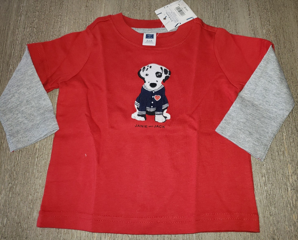 BABY BOYS JANIE & JACK NEW NWT RED SHIRT TOP 3/6 month dog in shirt embroidery
