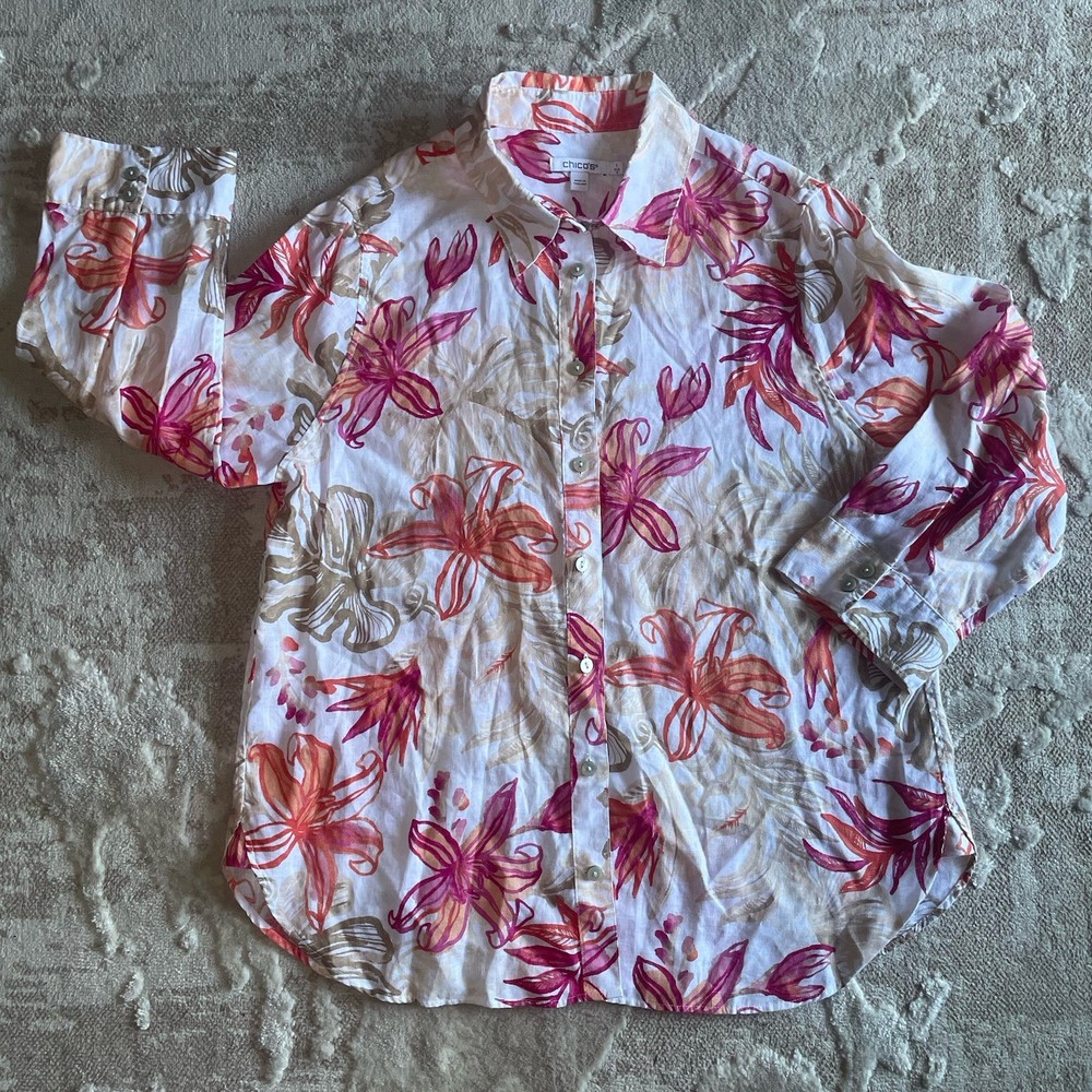 Chico's No Iron Linen Shirt Womens 1 M 8 Floral 3/4 Sleeve Button Up Blouse