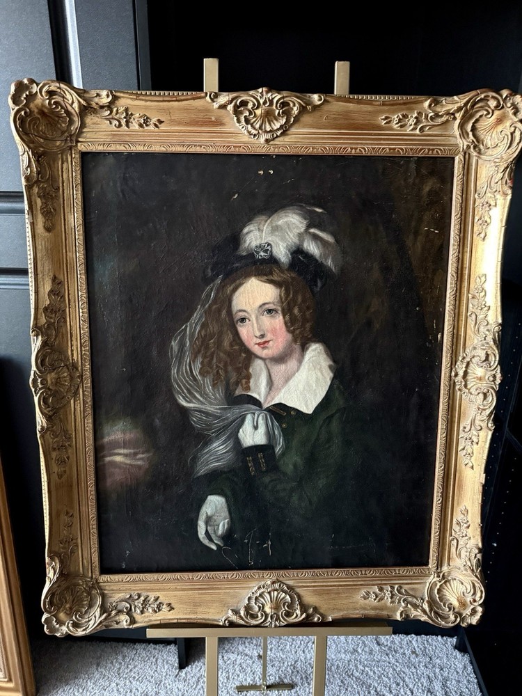 Antique 19thC Victorian Portrait of Lady Oil Painting Feather Hat