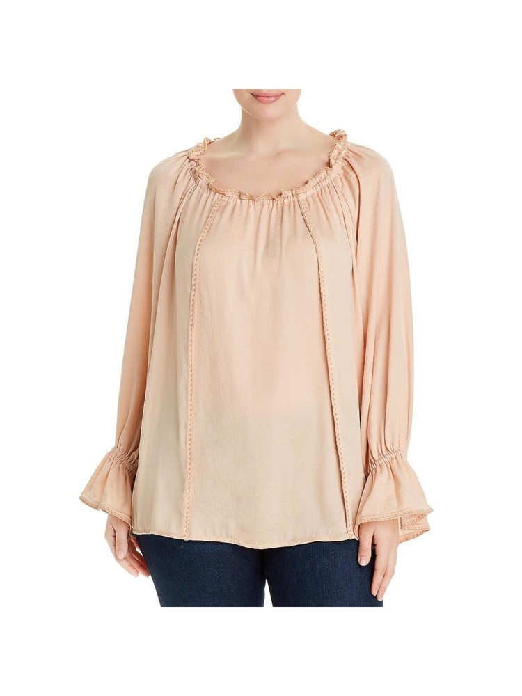 Pink Elastic Cuff Long Sleeve Scoop Neck Party Blouse for Women XS
