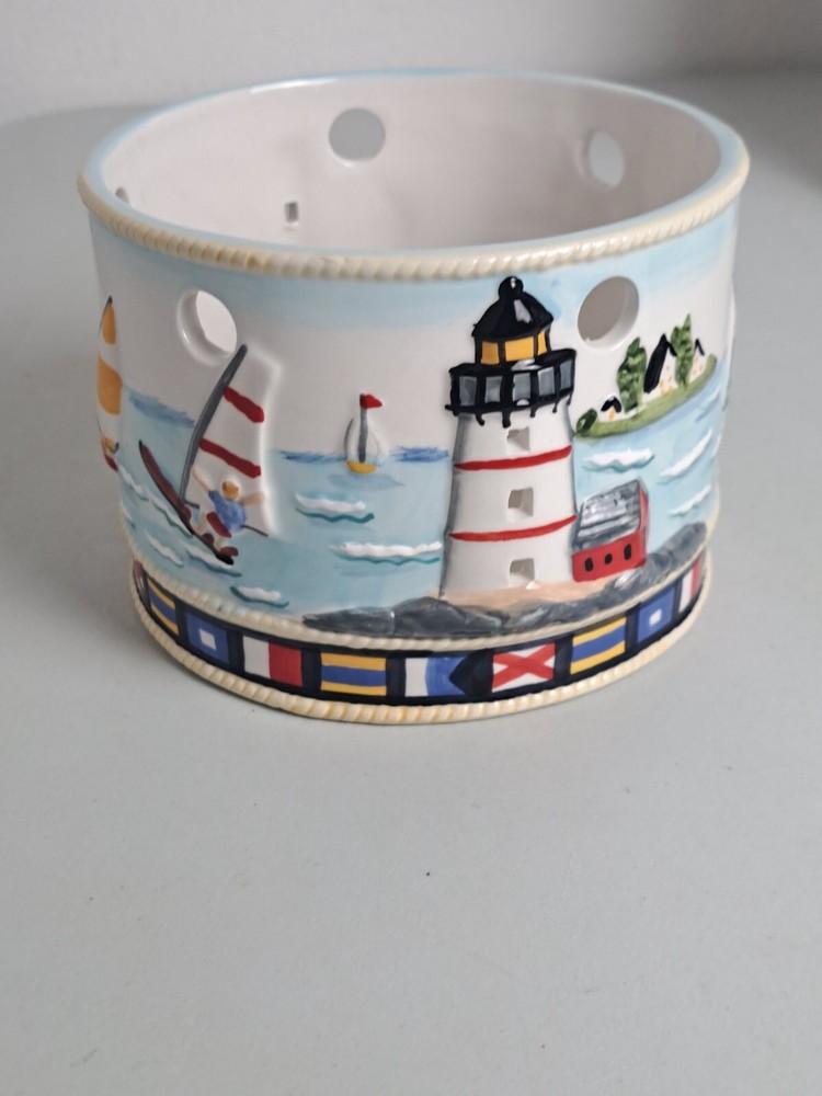 Nautical Ceramic Large Round 3-Wick Candle Holder- Unbranded