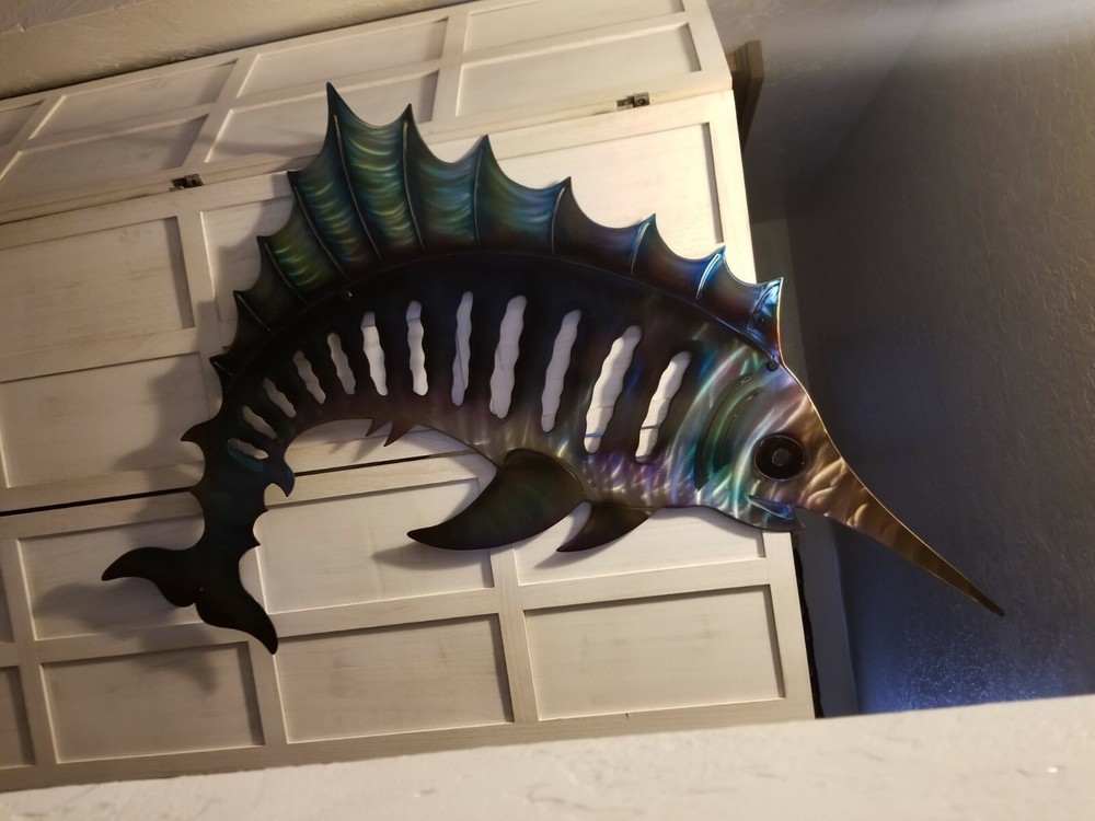 Tropical metal fish sculpture wall hanging plasma cut sailfish beach decor art