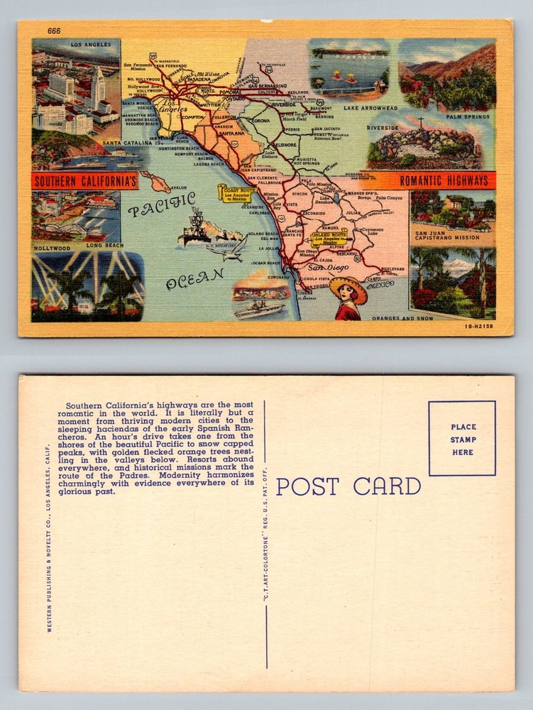 Los Angeles, CA-California, Southern California Highways Map Vintage Postcard