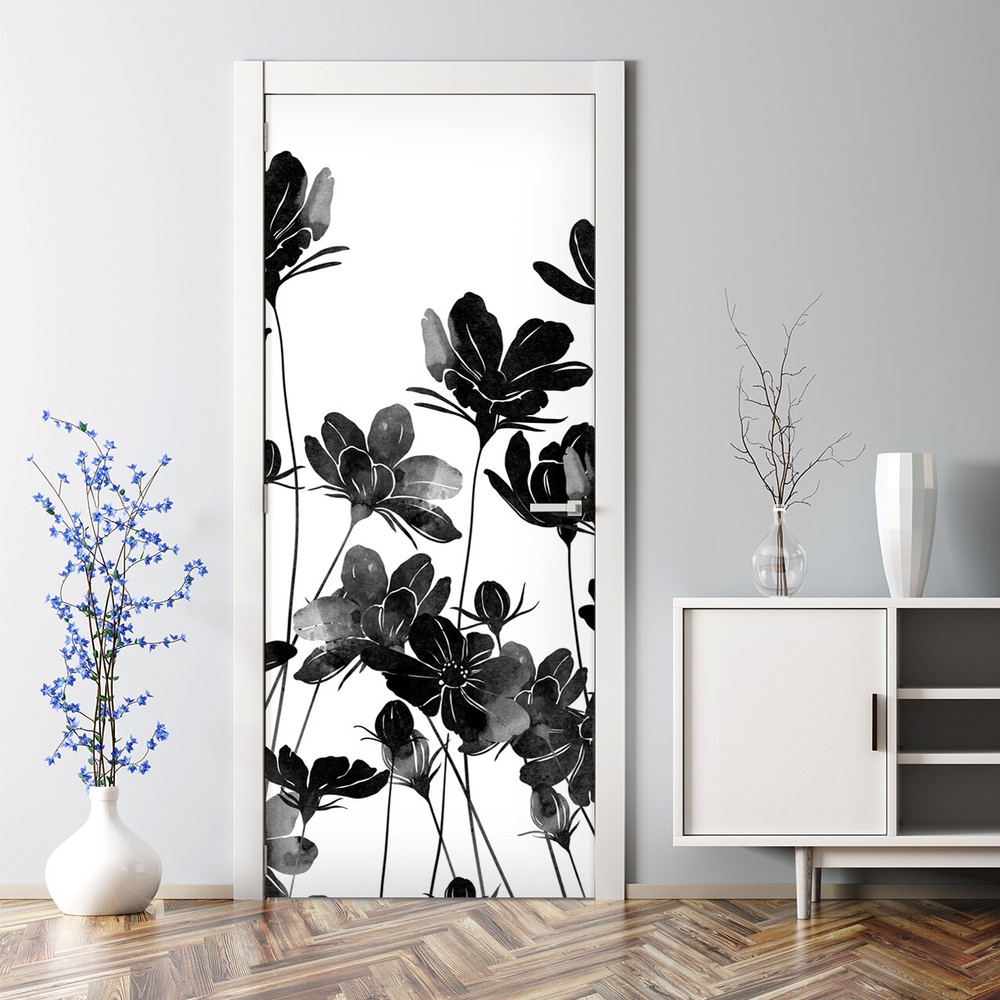 Black Meadow Field Flowers Self-Adhesive Door Decal Black White