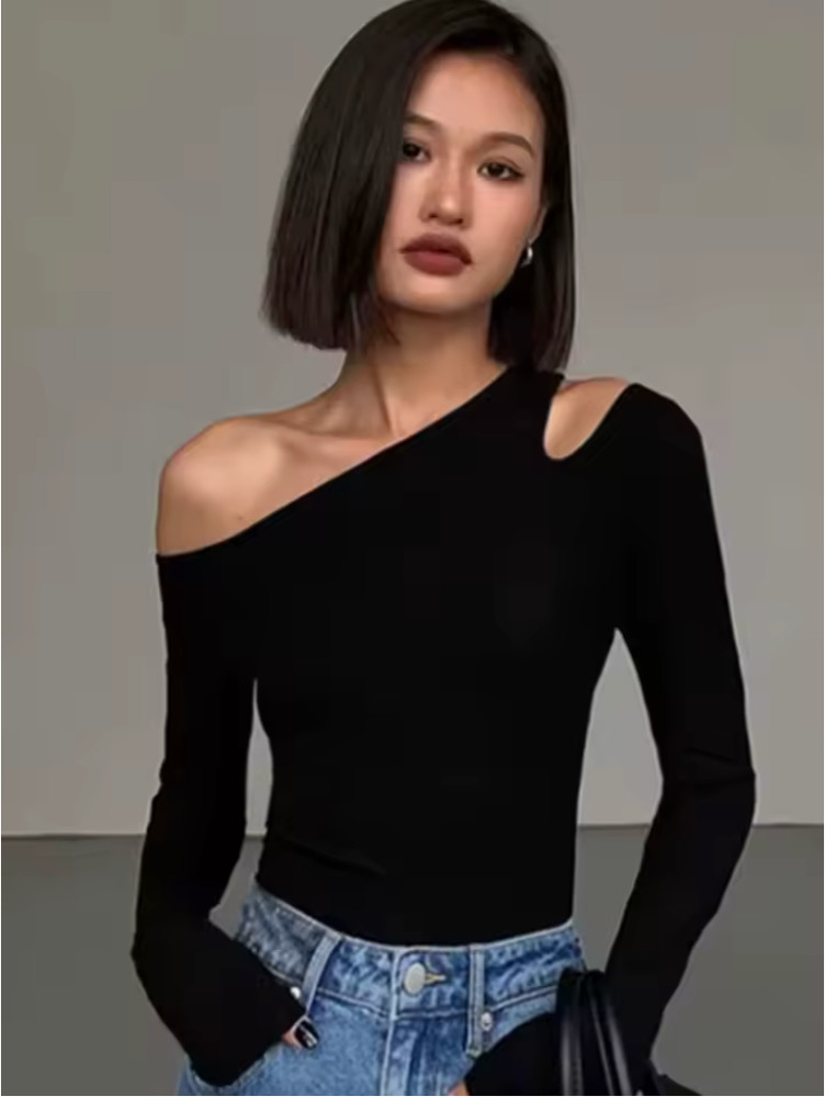 Women's One Shoulder Long Sleeve Top Black Slim Fit Cut Out Casual Blouse