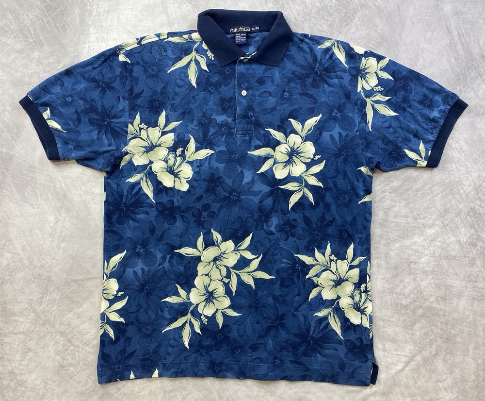 Vintage 90s Nautica Floral Polo Collared Shirt Size XL Hawaiian Style