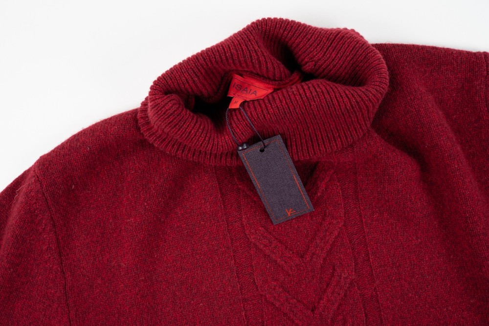 ISAIA Solid Red Turtleneck Sweater Cable Knit Stripe Wool Slim Fit Pullover 2XL