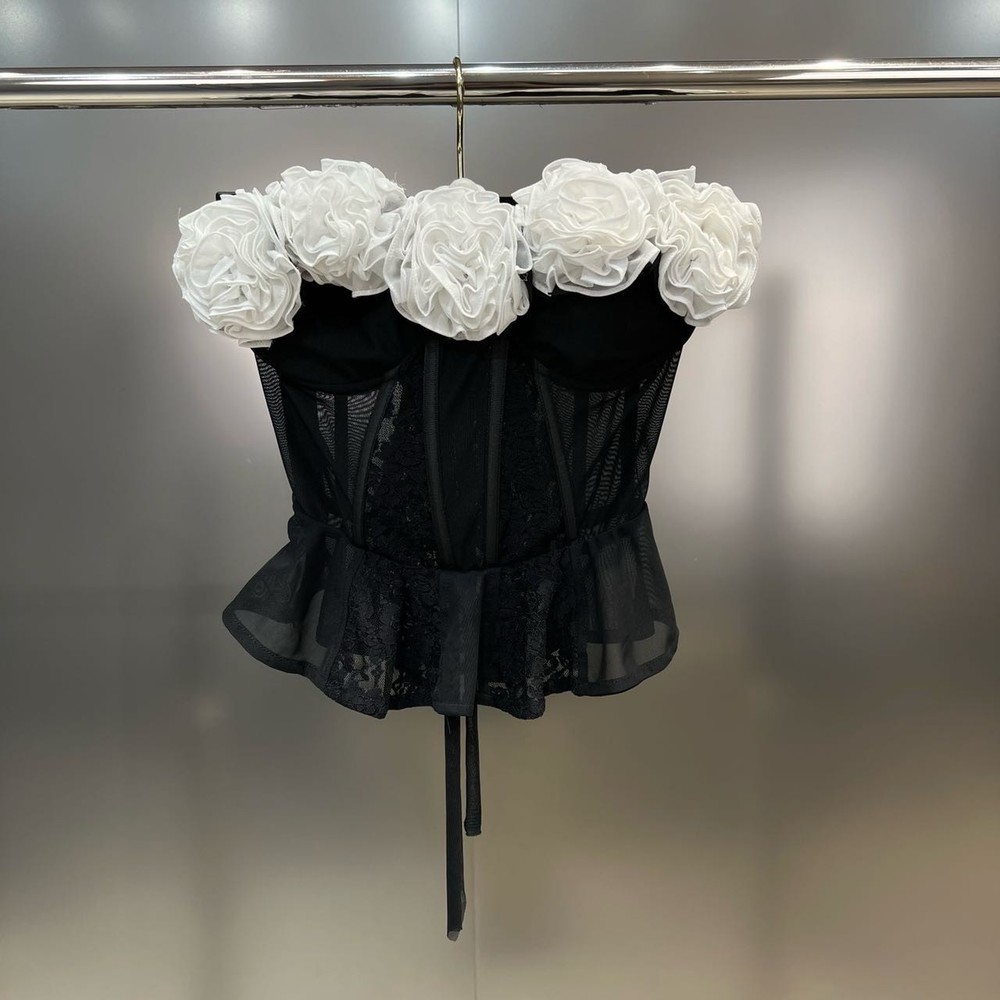 Romantic Black Lace Corset Top Rosette Floral Bust Peplum Mesh – Size M