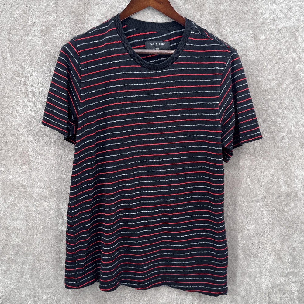 Rag & Bone Shirt Mens Large Black Red Stripe Crewneck Casual Tee Jersey Knit