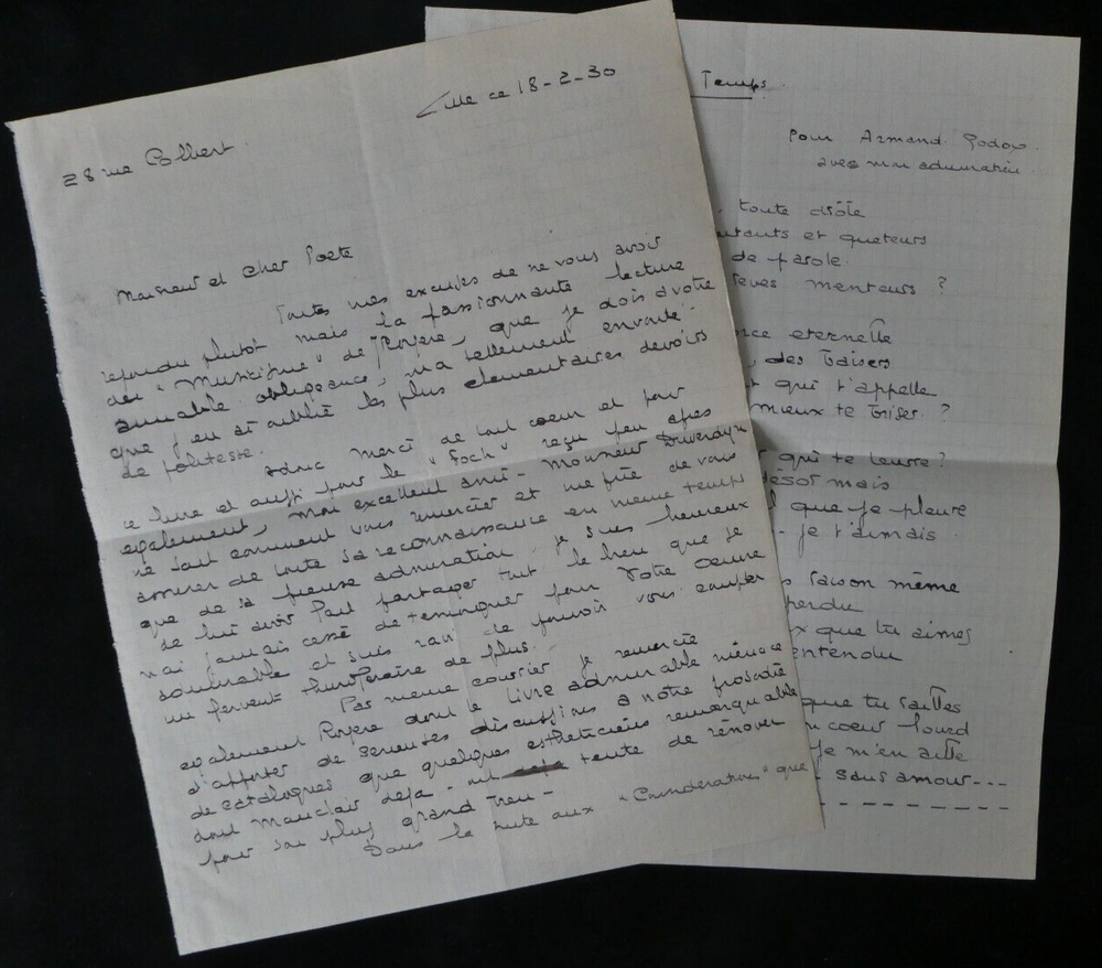 Fernand LAPLAUD Autographed Letter Signed To Armand GODOY + 2 Poems, 1930