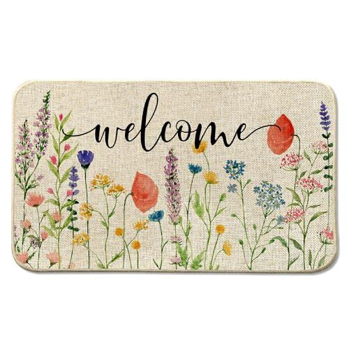 Spring Wildflower Front Door Mat Indoor Outdoor Entrance 17x29, Welcome Floral