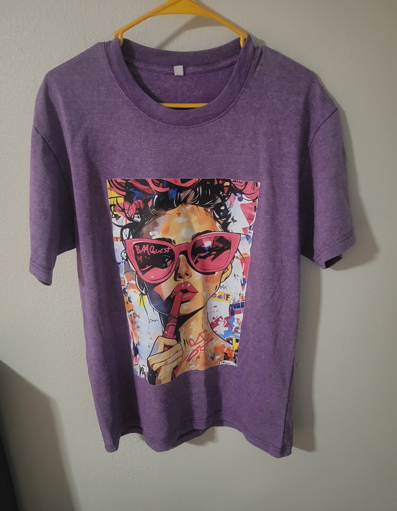 Purple Graphic Jersey T-Shirt With Art Print, Crew Neck, Short Sleeve, Men M