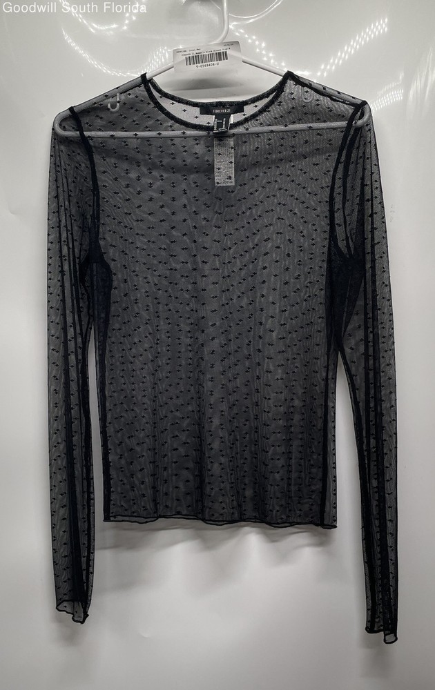 Forever 21 Womens Black Swiss Dot Mesh Sheer Long Sleeve Blouse Top Size M