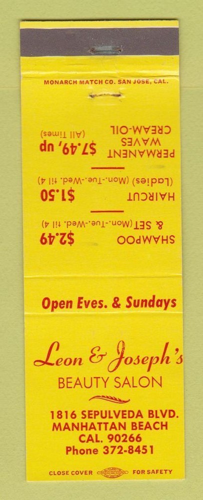 Matchbook Cover - Leon & Joseph's Beauty Salon Manhattan Beach CA