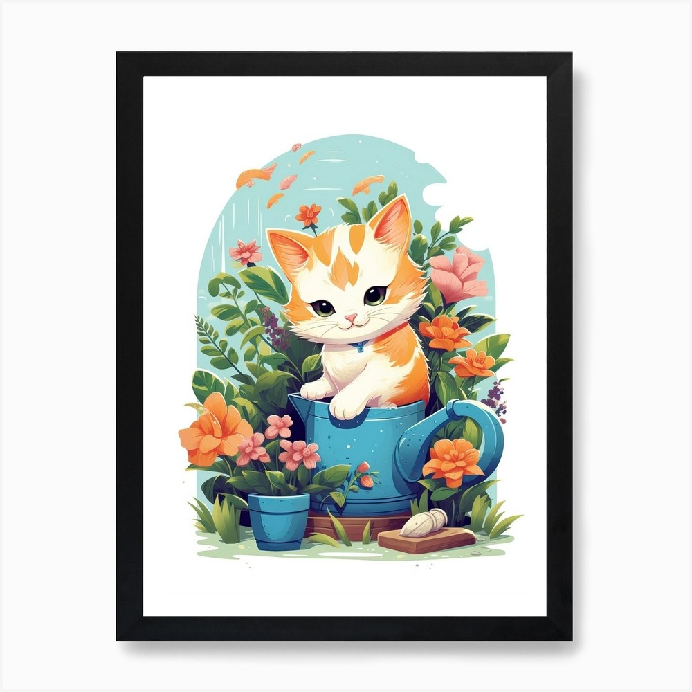 Kawaii Cat Drawings Gardening 7 Art Framed Wall Art Poster Canvas Print Picture