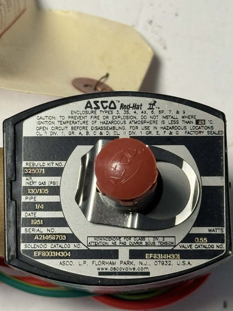 ASCO Red-Hat Solenoid Valve Coil EF8003H304 12VDC 1/4” NPT