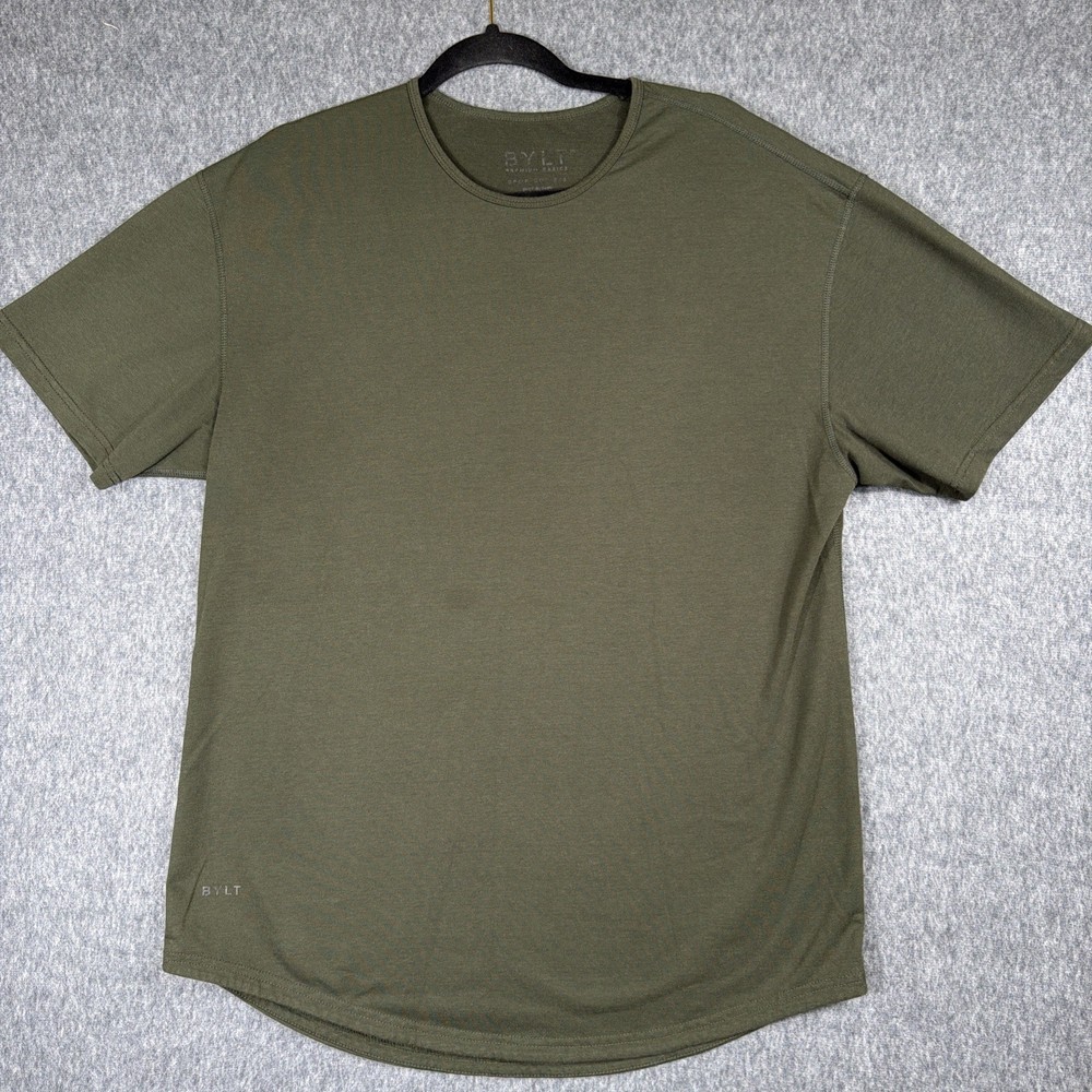 BYLT Basics Drop Cut Shirt Mens XL Green Stretch Premium Tee Stain