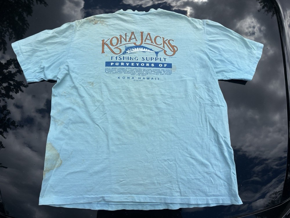 Vintage Kona Jacks Hawaii Shirt Mens XL Blue Fishing Supply Crazy Shirts 90s USA