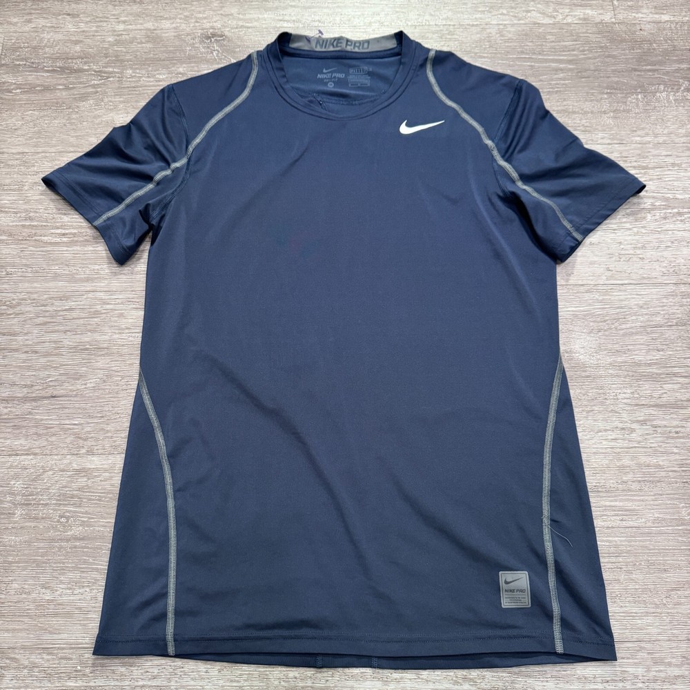 Nike Pro Shirt Mens Medium Blue Fitted Short Sleeve Crew Neck Breathable Fitness