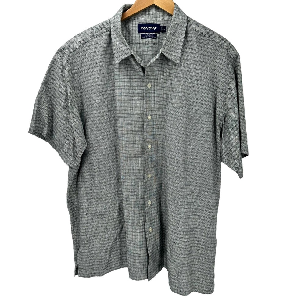 Polo Golf Shirt Mens XL Linen Cotton Clayton Gray Plaid Ralph Lauren