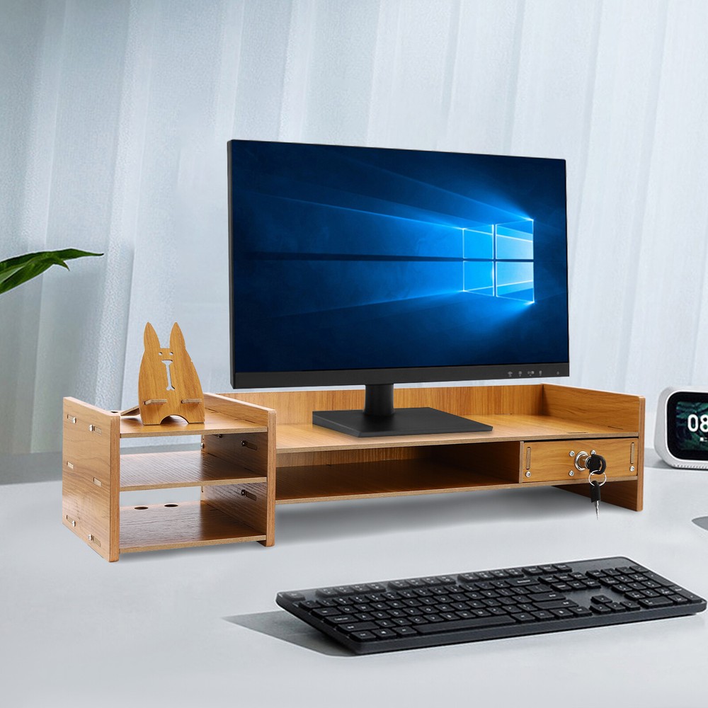 Wood Desk Organizer Stand W/Drawers Office Desktop Storage Monitor Holder Stand