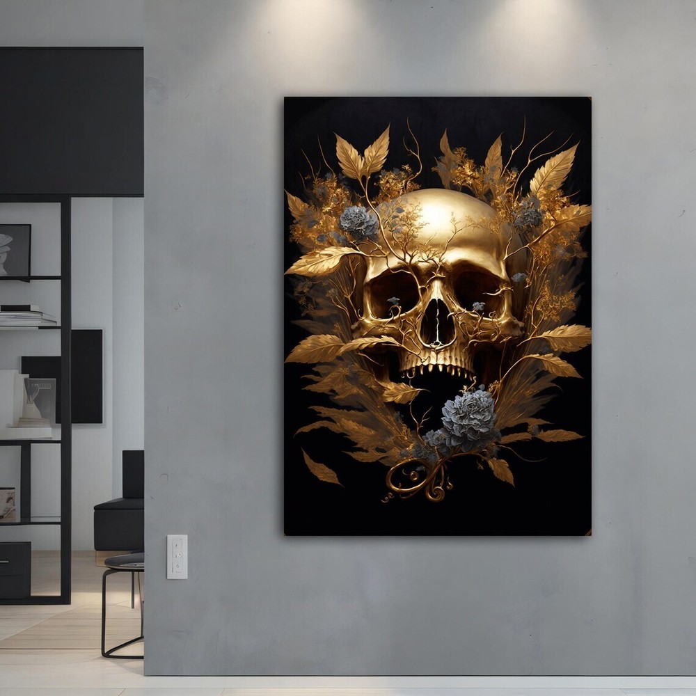 Golden Skull Modern Grey Floral Design Unframed Canvas Print Australian Wall Art